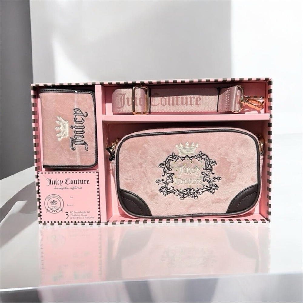JUICY COUTURE HERITAGE PINK CAMERA CROSSBODY BAG 3 PIECE SET NEW IN BOX!
